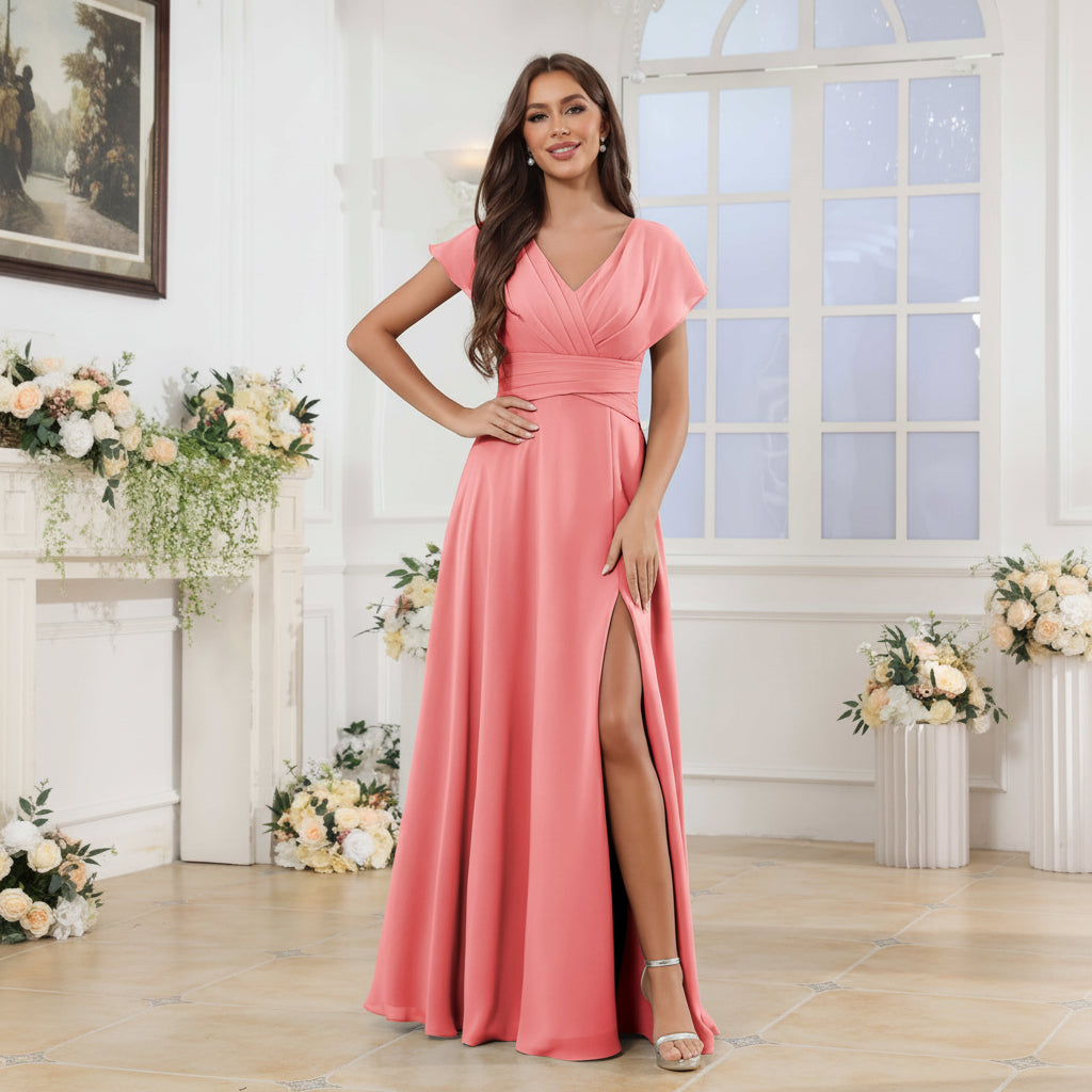 Vestido coral manga corta con abertura lateral