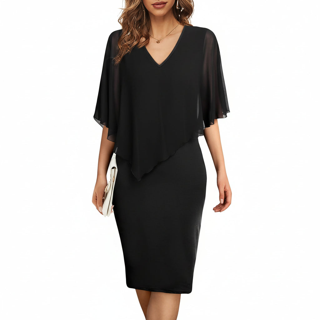 Vestido negro midi con capa