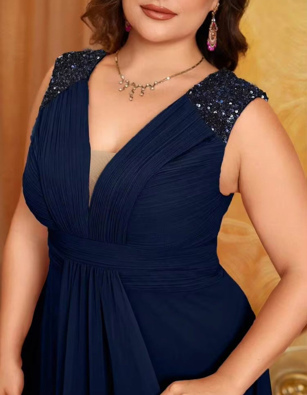 Vestido azul marino sin manga corte A con escote en V