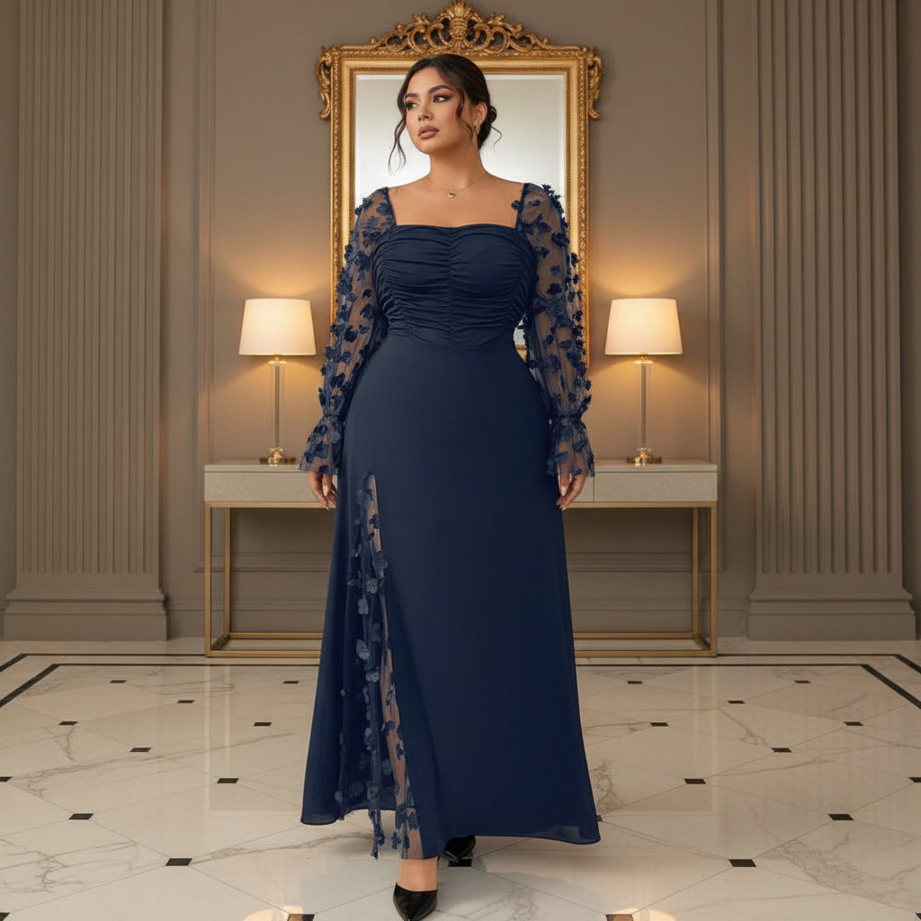 Vestido azul oscuro manga larga floral con transparencia