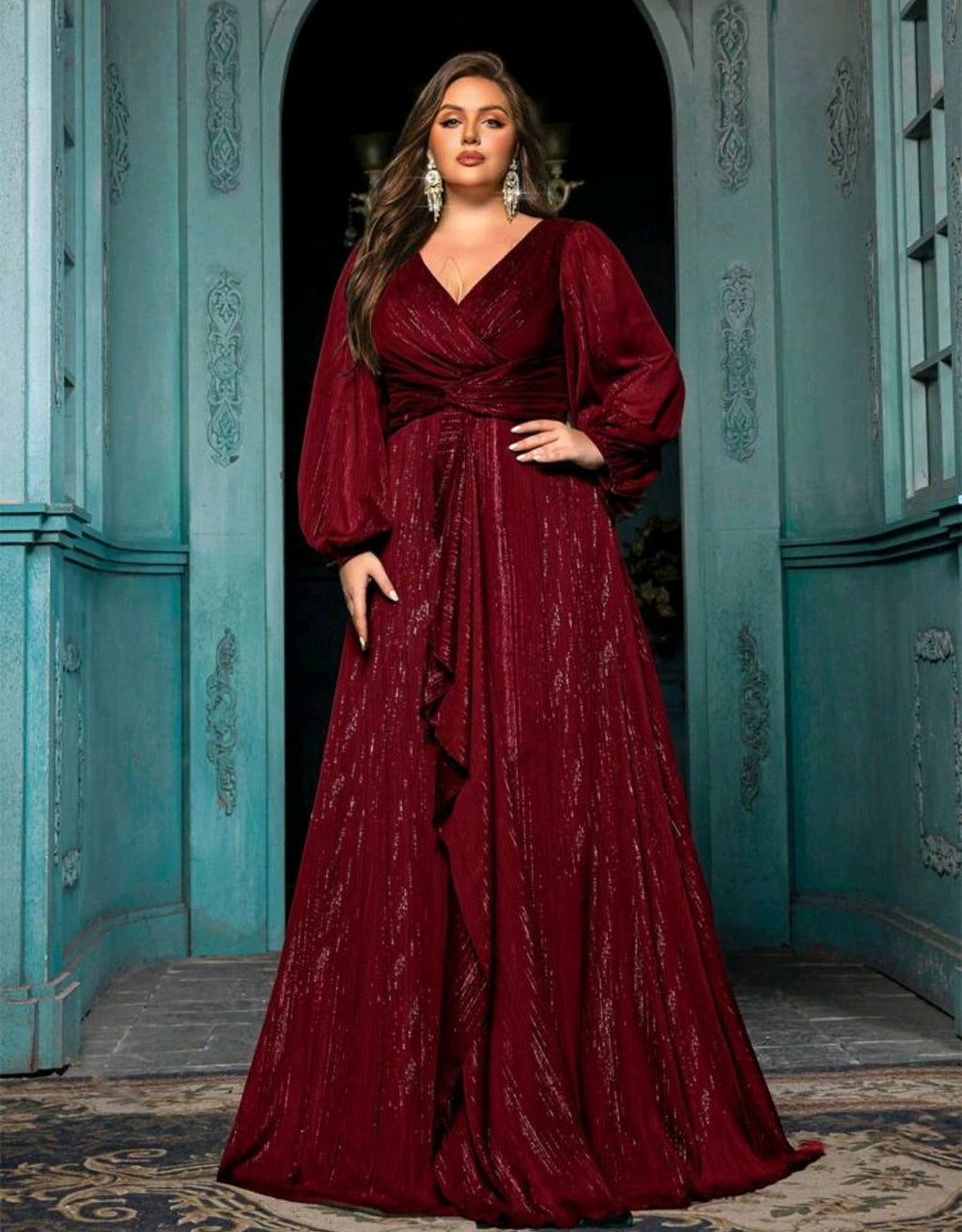 Vestido vino oscuro manga larga con brillo