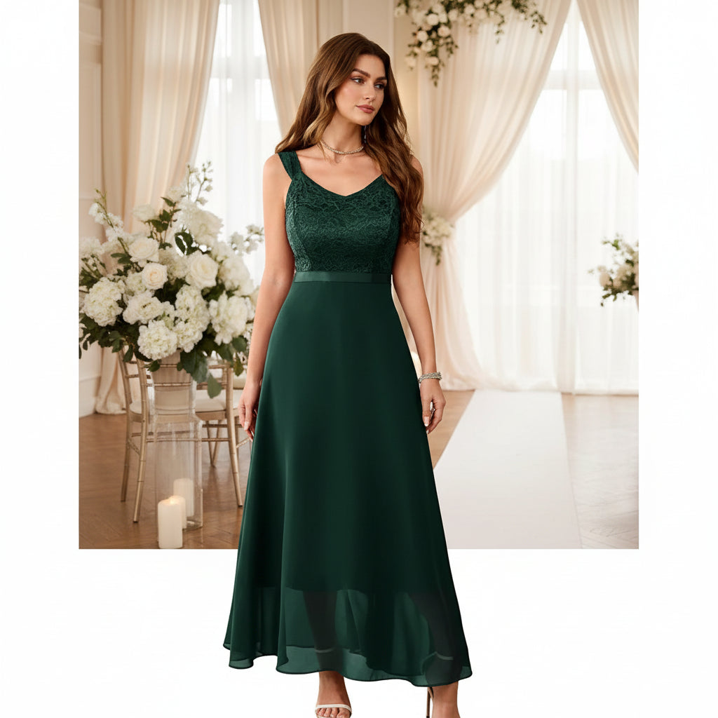 Vestido verde esmeralda encaje y falda chiffon