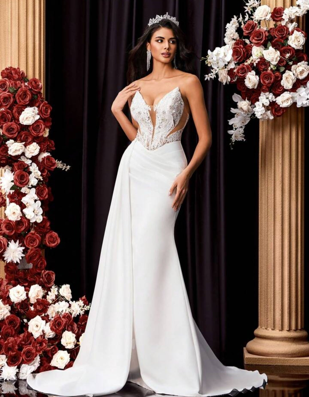 Vestido de Novia y Gala Sirena con Corpiño de Encaje Ilusión y Falda Drapeada