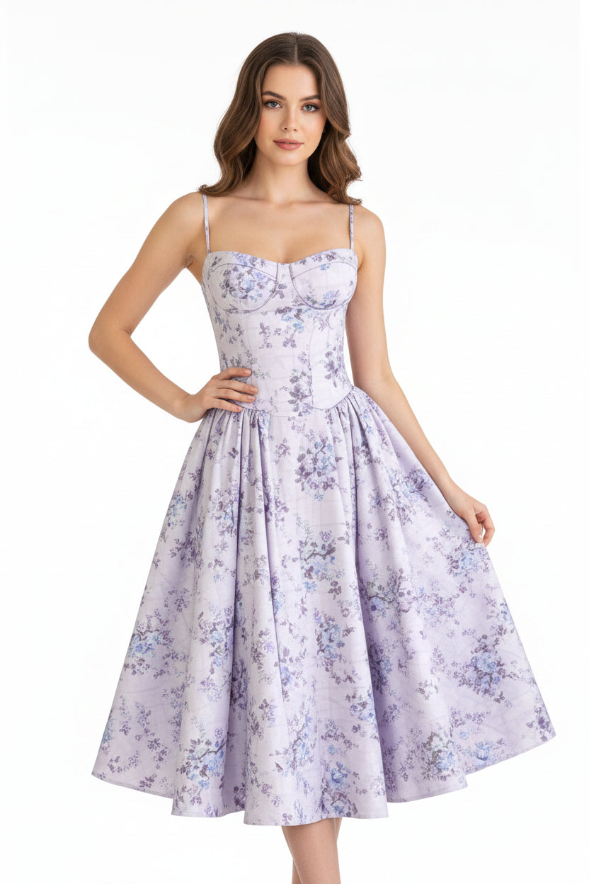 Vestido lila con estampado floral con escote corazón