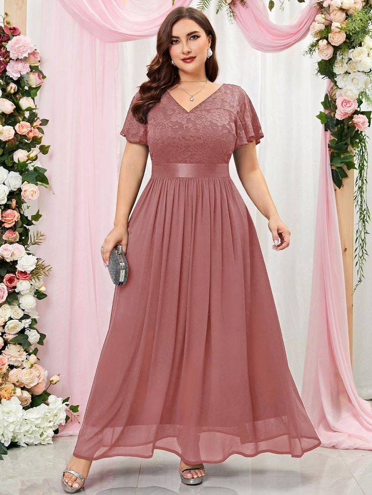 Vestido coral oscuro encaje falda chiffon