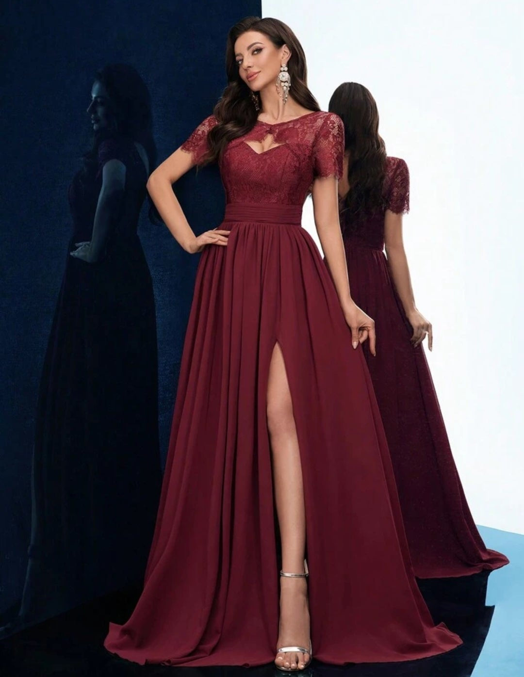 Vestido vino encaje y falda chiffon