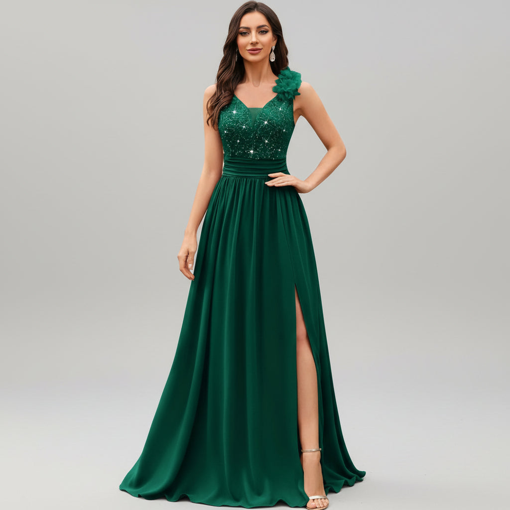 Vestido verde esmeralda encaje lentejuelas y falda chiffon