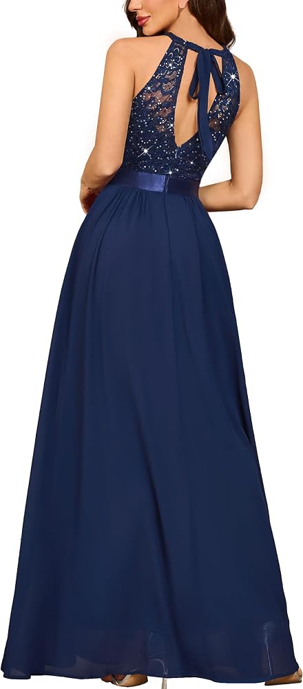 Vestido azul marino encaje lentejuelas cuello alto