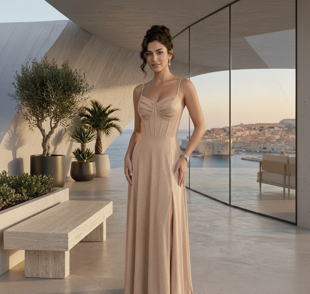 Vestido Eliss  champagne de satin stretch con brillo