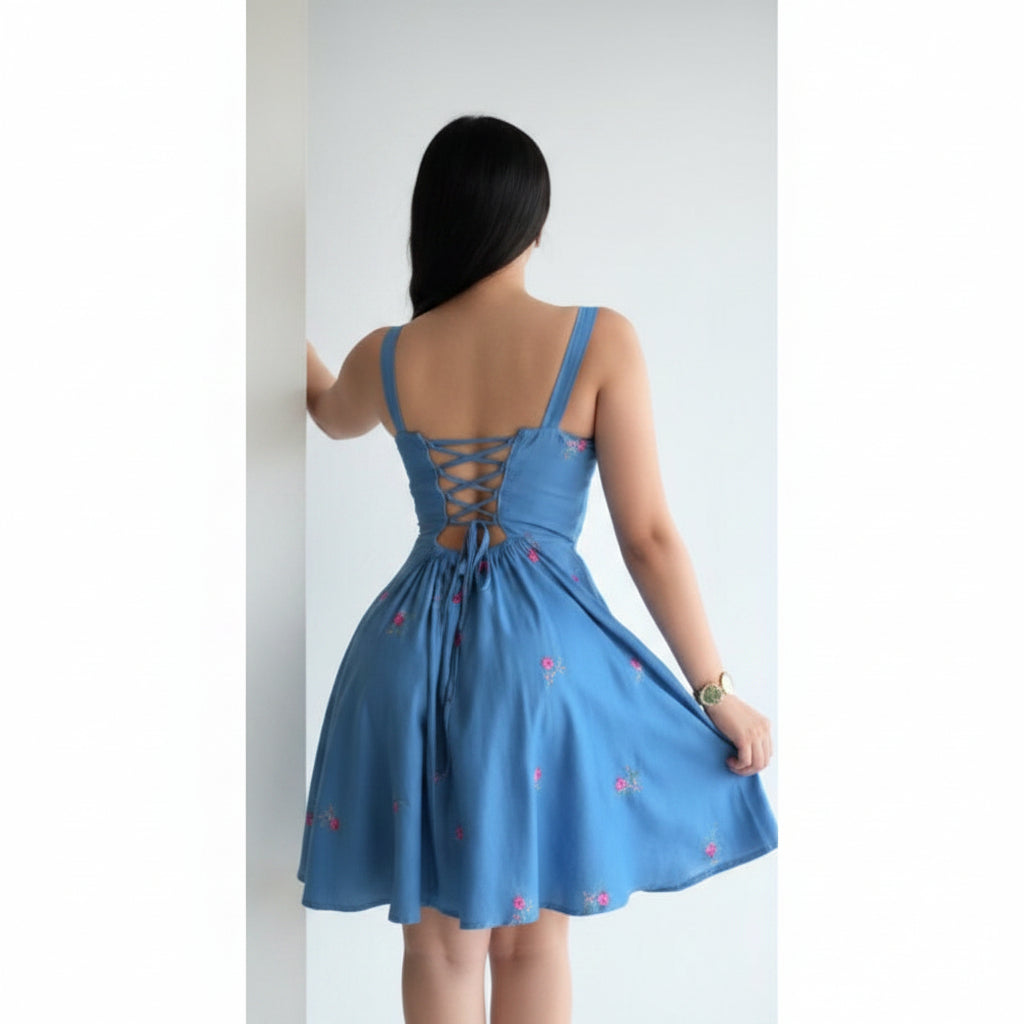 Vestido denim claro con cerezas espalda ajustable semi abierta
