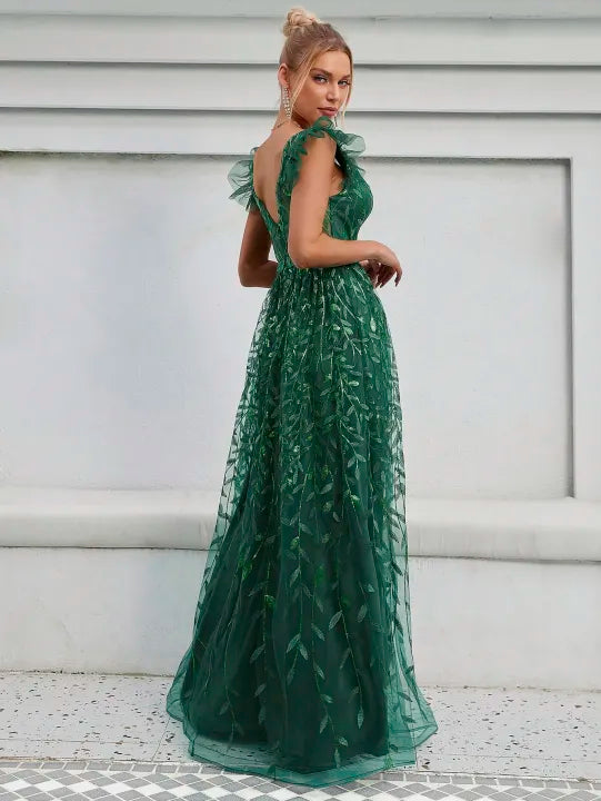 Vestido lentejuelas y tul corte A verde esmeralda
