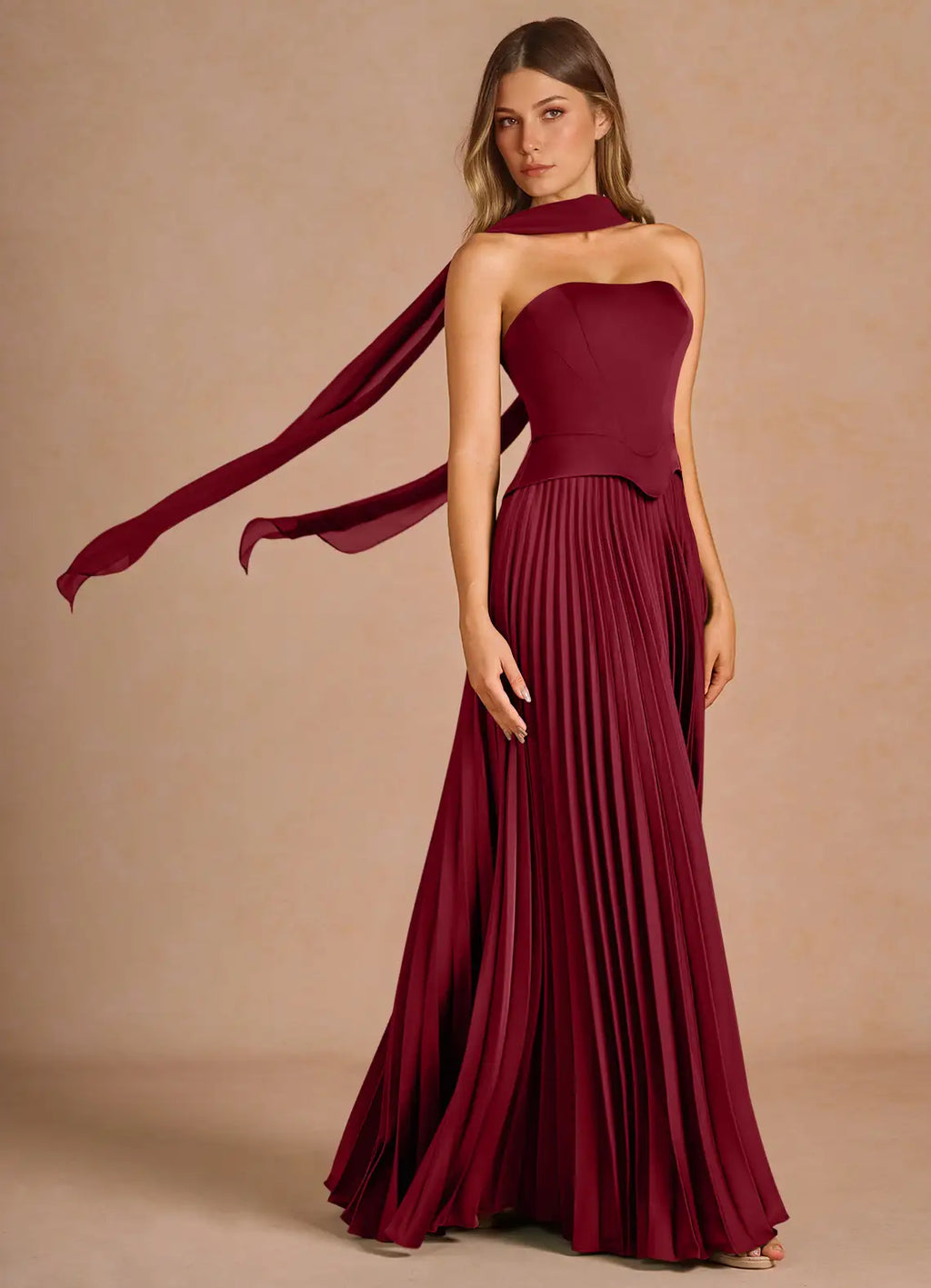 Vestido vino straple satinado falda plisada con corsé ajustable