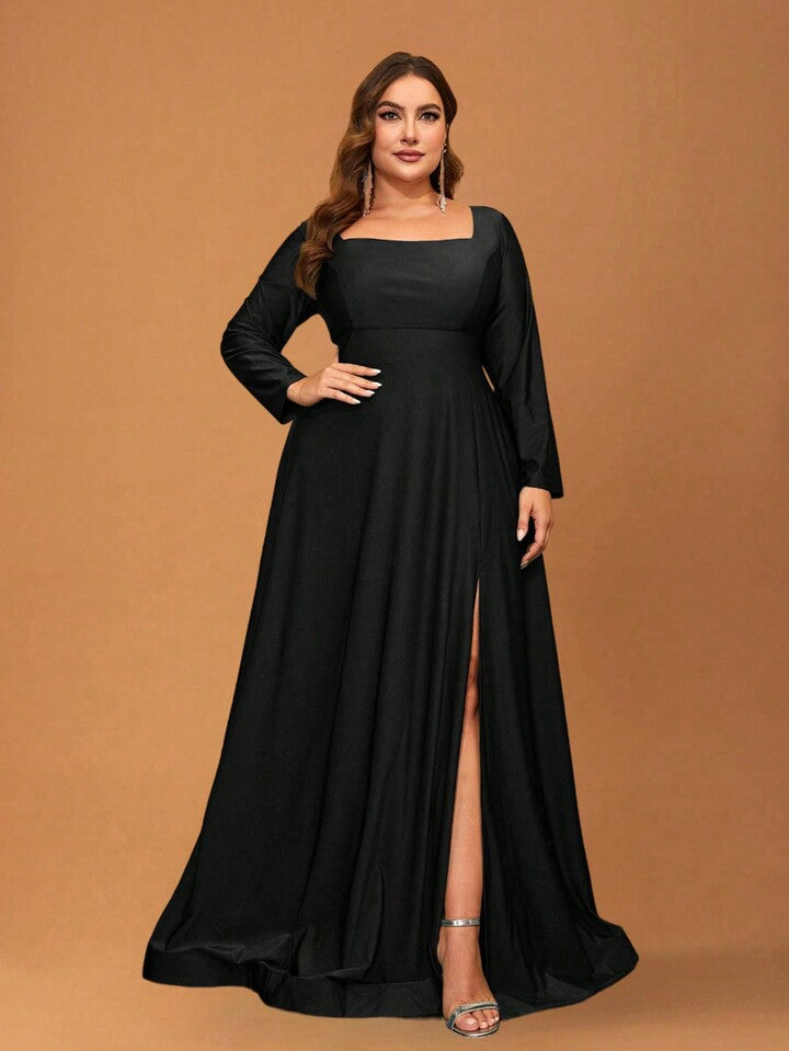 Vestido negro manga larga corte A con escote recto