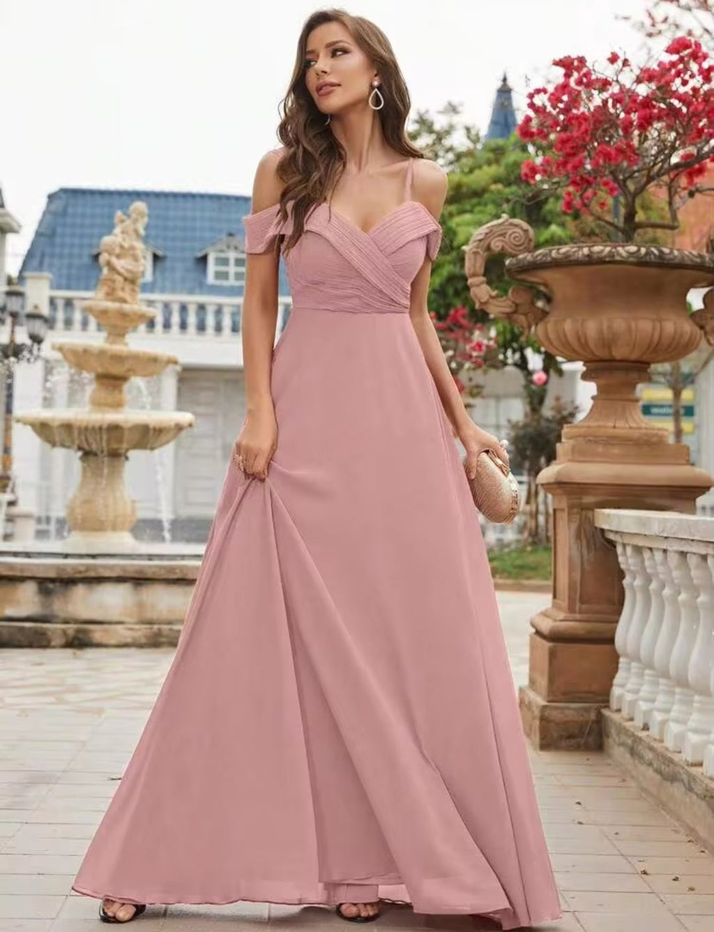 Vestido palo rosa off-the-shoulder corte A