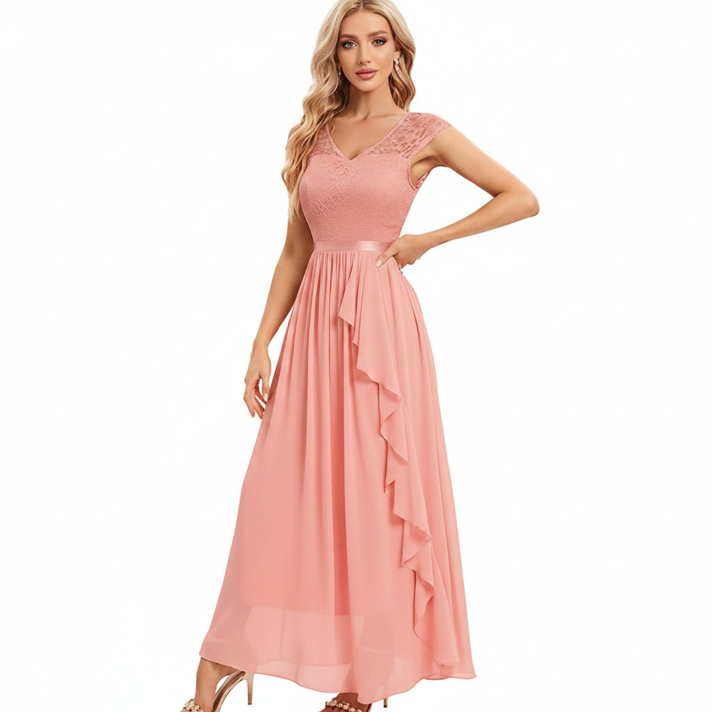Vestido rosa claro manga corta encaje y falda chiffon