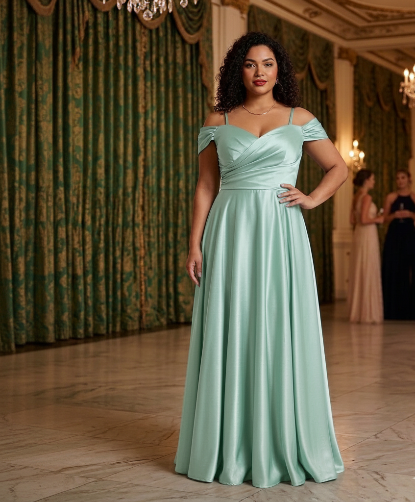 Vestido Vanessa verde menta pastel off-the-shoulder