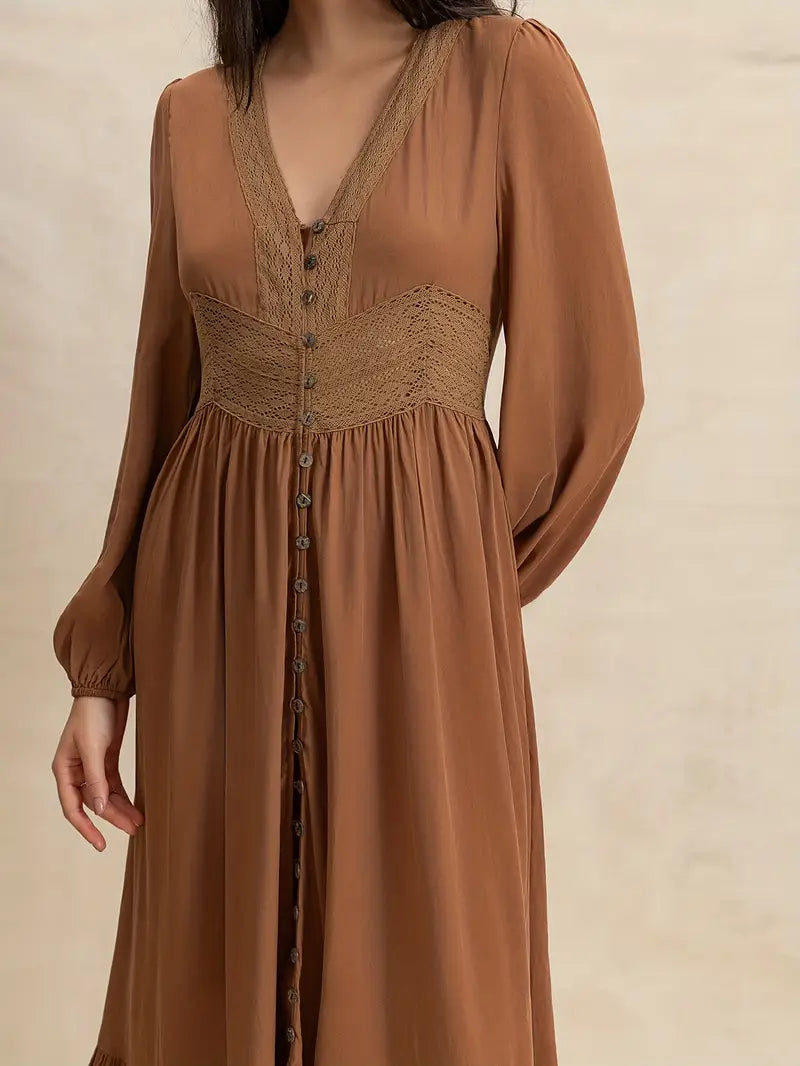 Vestido boho café manga larga con botones