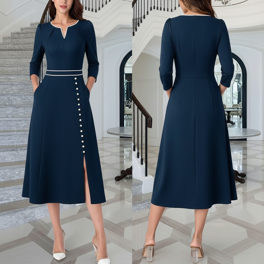 Vestido azul marino manga 3/4 formal midi