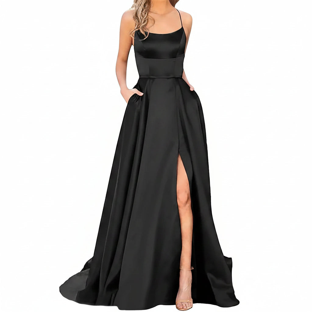 Vestido Steffanie negro con abertura espalda abierta bolsas invisibles