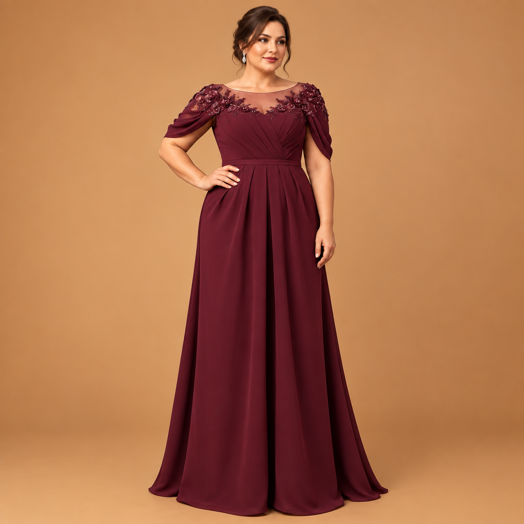 Vestido chiffon vino corte A manga con aplicación floral