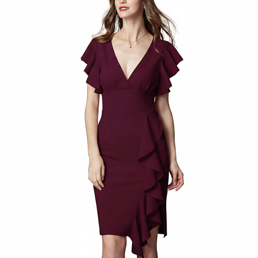 Vestido vino con escote en V formal midi