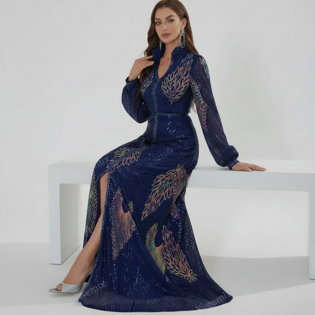 Vestido lentejuelas azul y tornasol manga larga