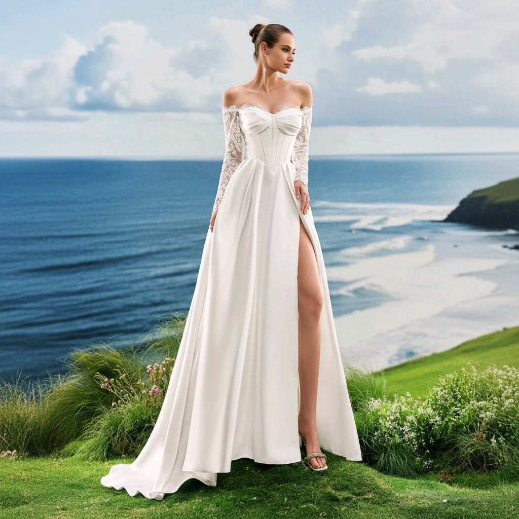 Vestido de Novia Satén con Corsé y Mangas de Encaje Off-the-Shoulder