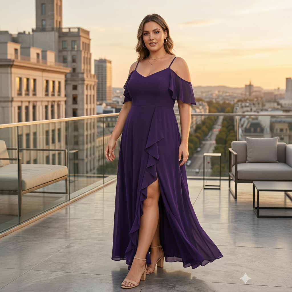 Vestido morado off-the-shoulder corte A