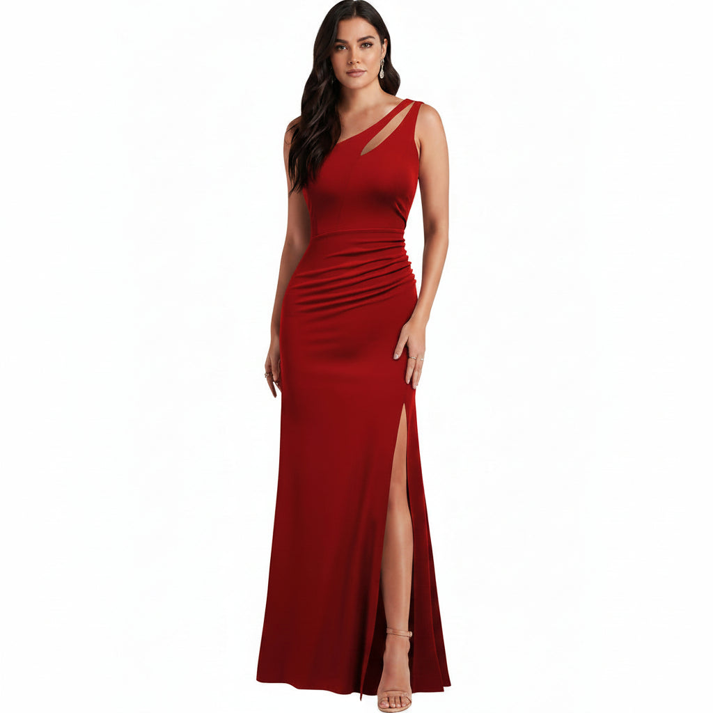 Vestido rojo de una manga con abertura lateral
