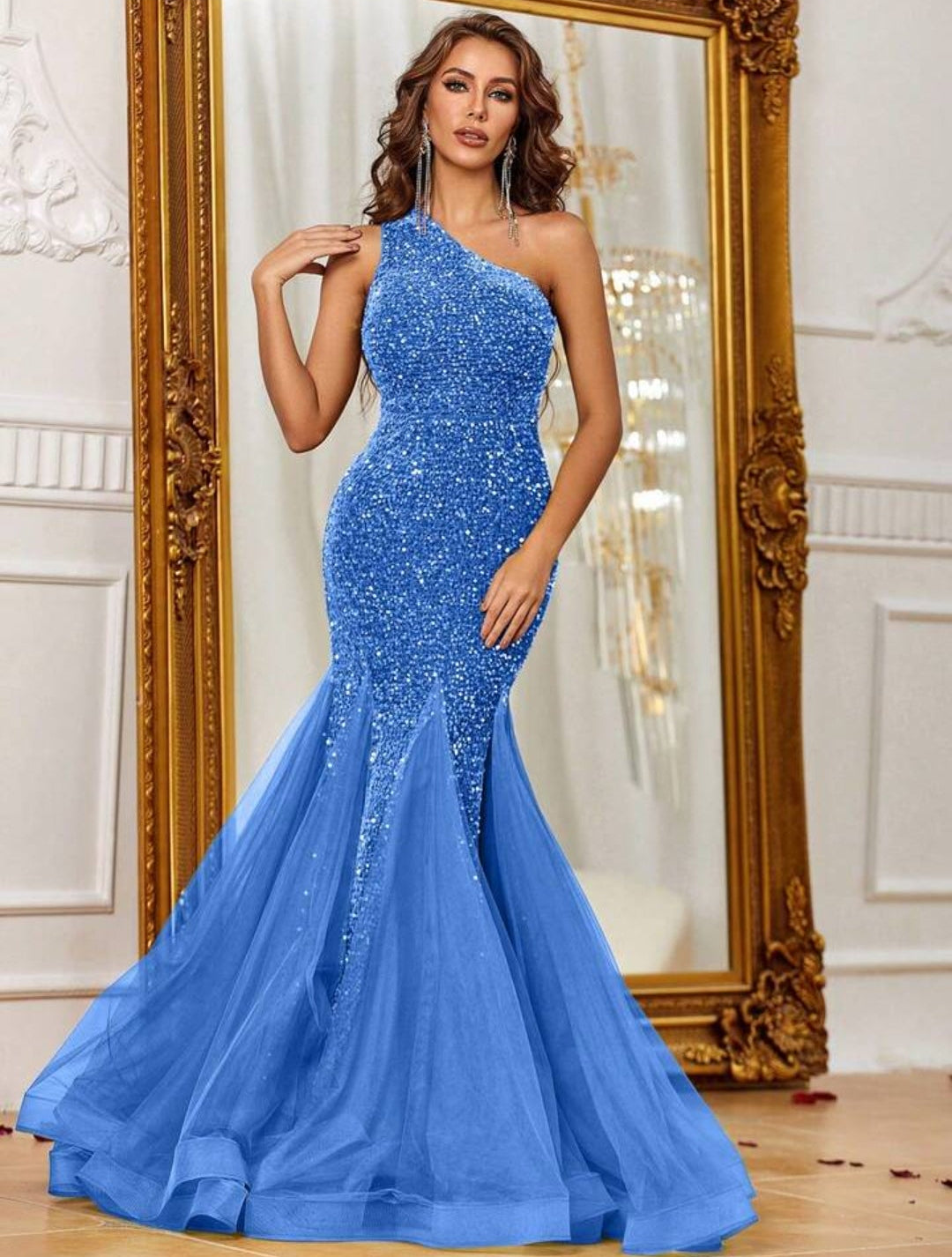Vestido dusty blue oscuro corte sirena