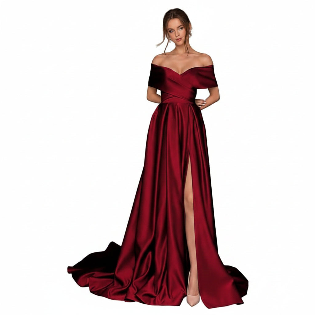 Vestido Melody vino satinado off-the-shoulder con abertura lateral