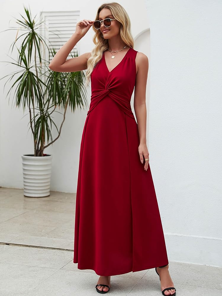 Vestido rojo con escote en V y 2 aberturas corte A