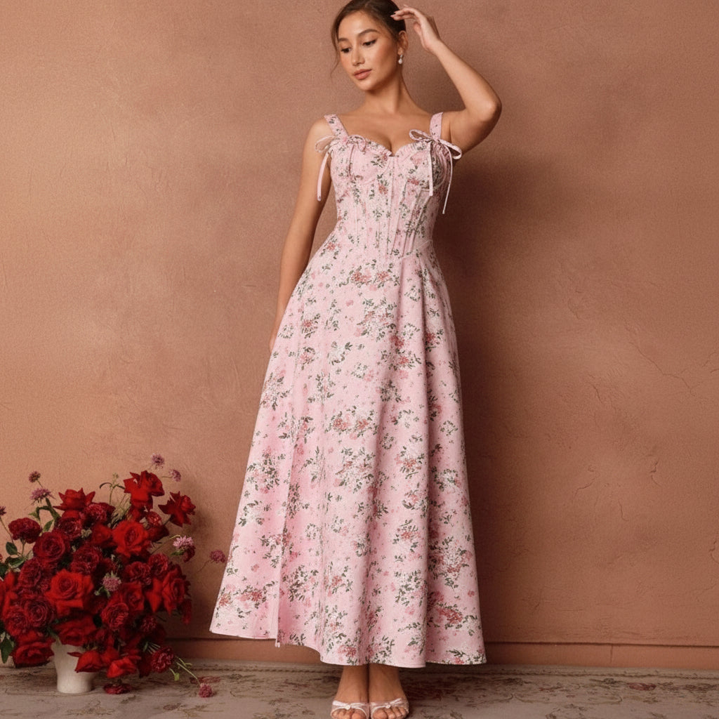 Vestido rosado con estampado floral corsé ajustable