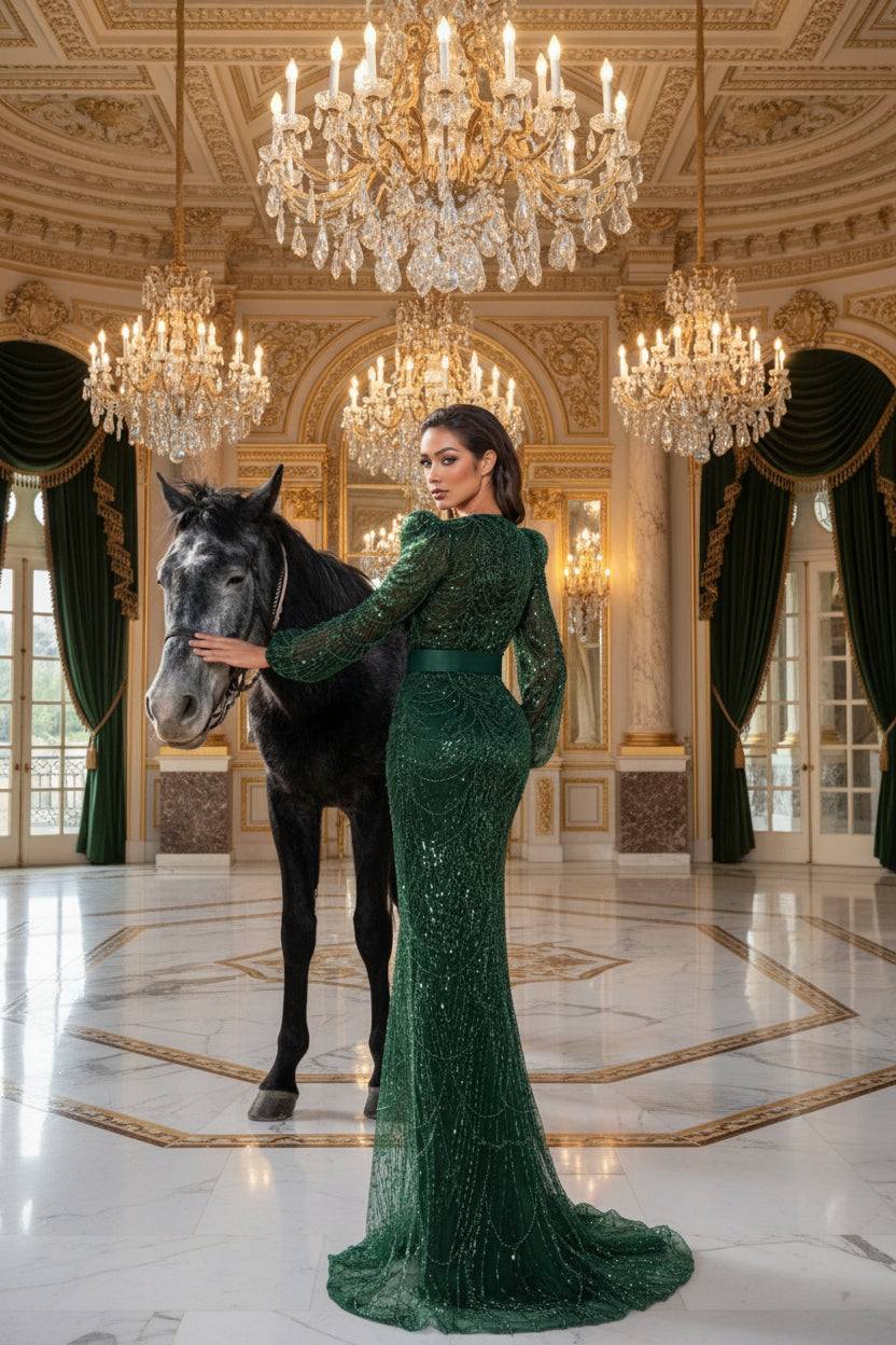 Vestido verde esmeralda pedrería manga larga corte sirena
