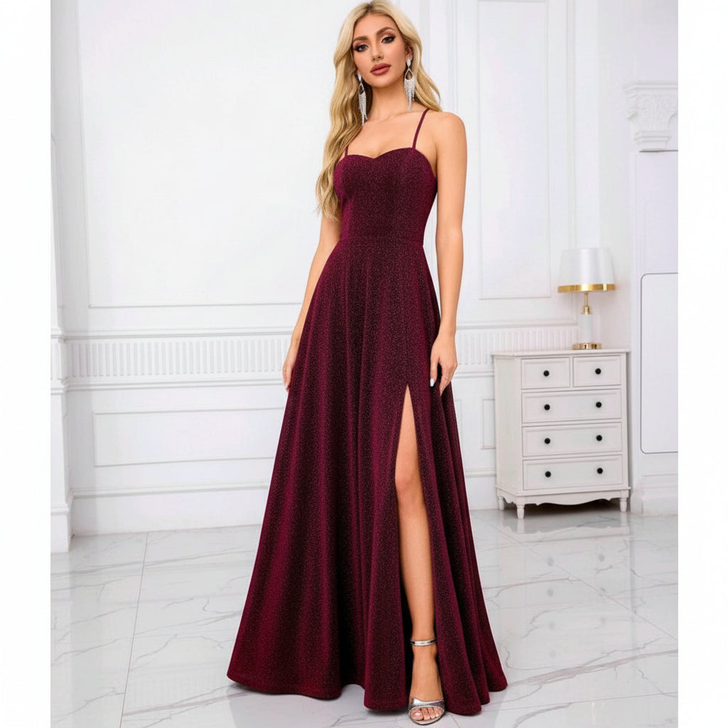 Vestido mangenta con brillo abertura y espalda abierta ajustable