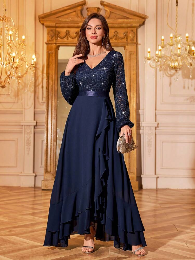 Vestido azul marino encaje lentejuelas manga larga y falda chiffon
