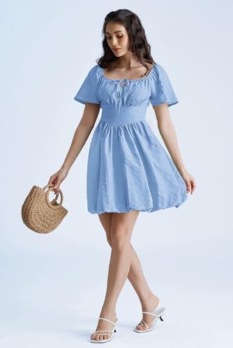 Vestido casual celeste manga corta con bolsas invisibles