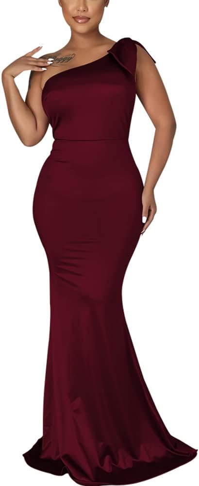 Vestido vino satinado de una manga corte sirena