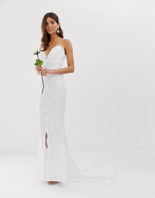 Vestido Novia de Encaje Floral con Cola y Abertura