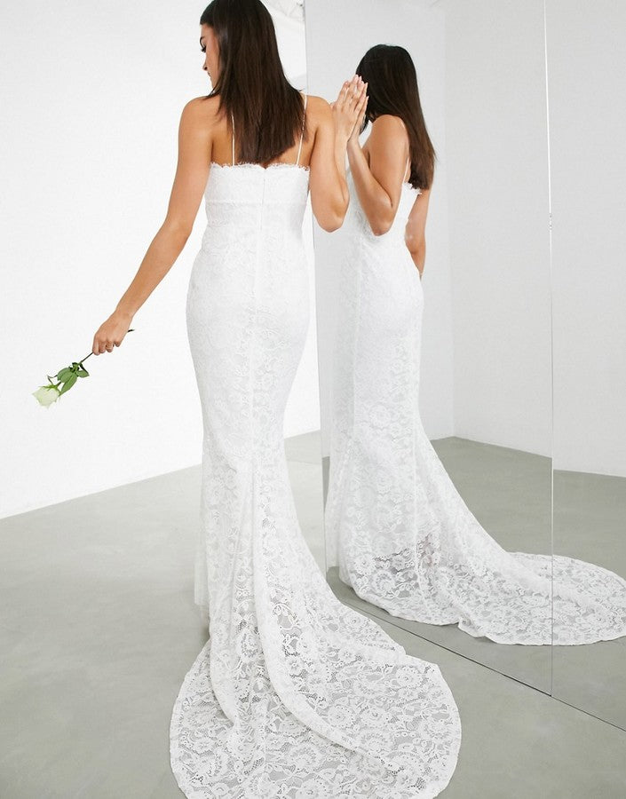 Vestido Novia de Encaje Floral con Cola y Abertura