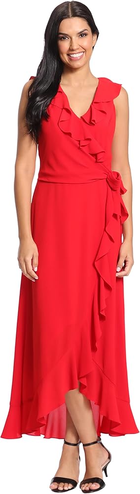 Vestido rojo largo sin manga con peplum