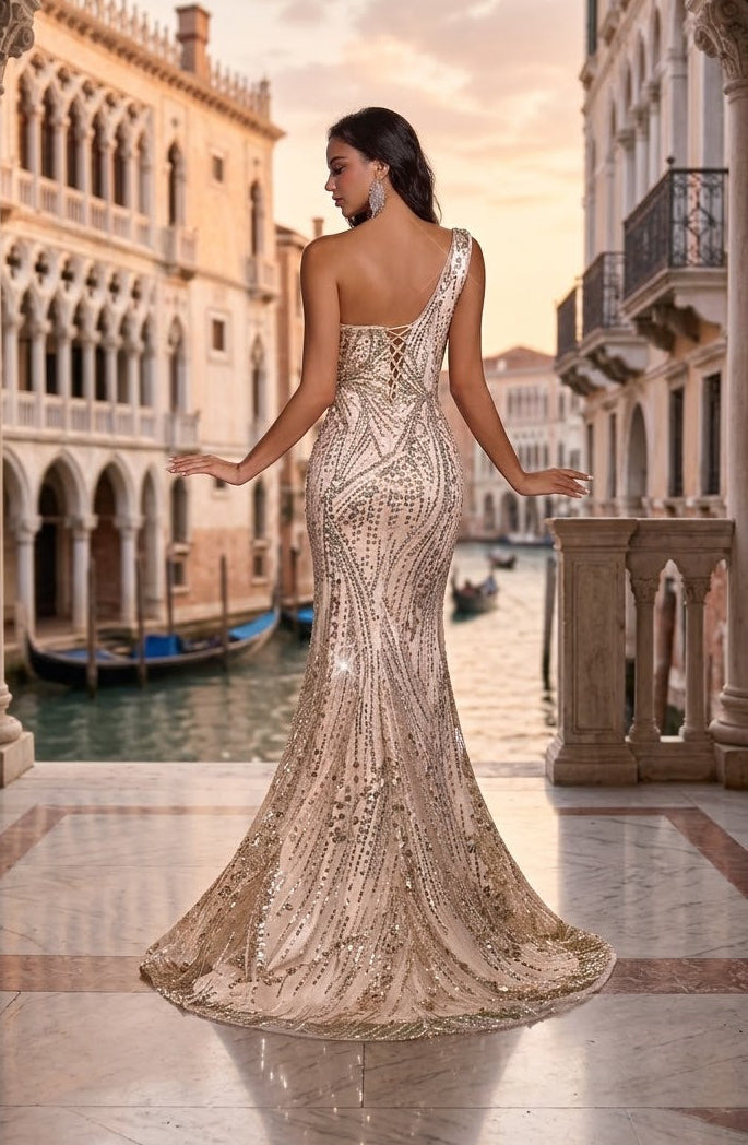 Vestido dorado de una manga con abertura lateral