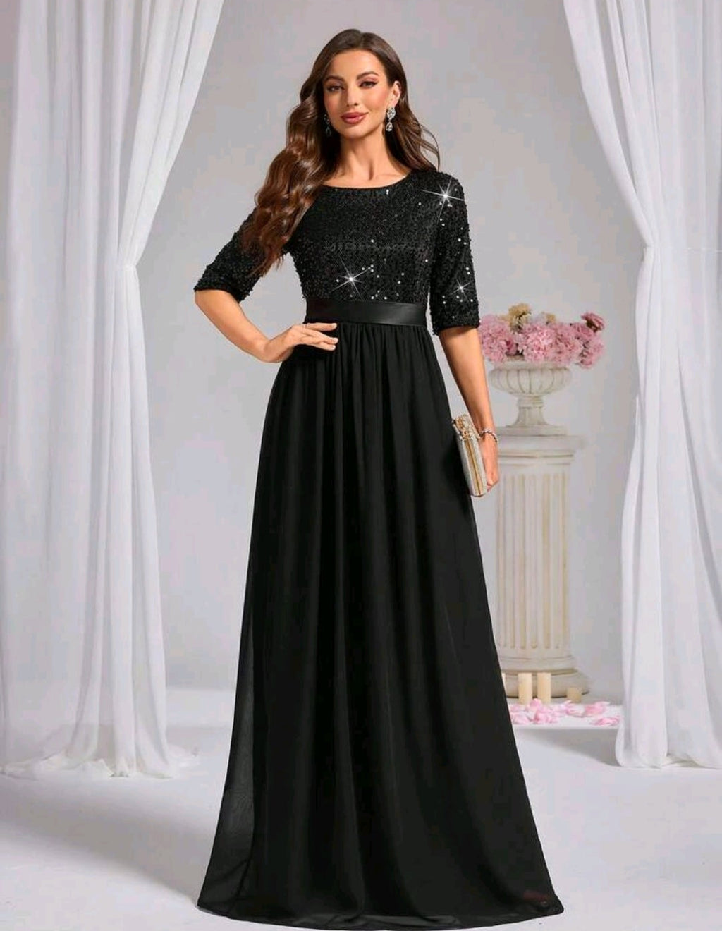 Vestido negro lentejuelas manga 3/4 y falda chiffon
