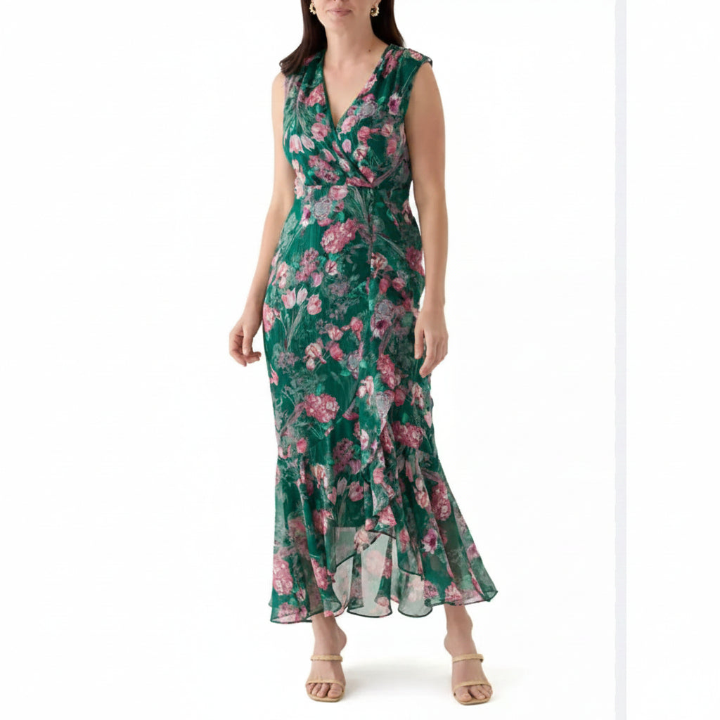 Vestido verde esmeralda floral sin manga