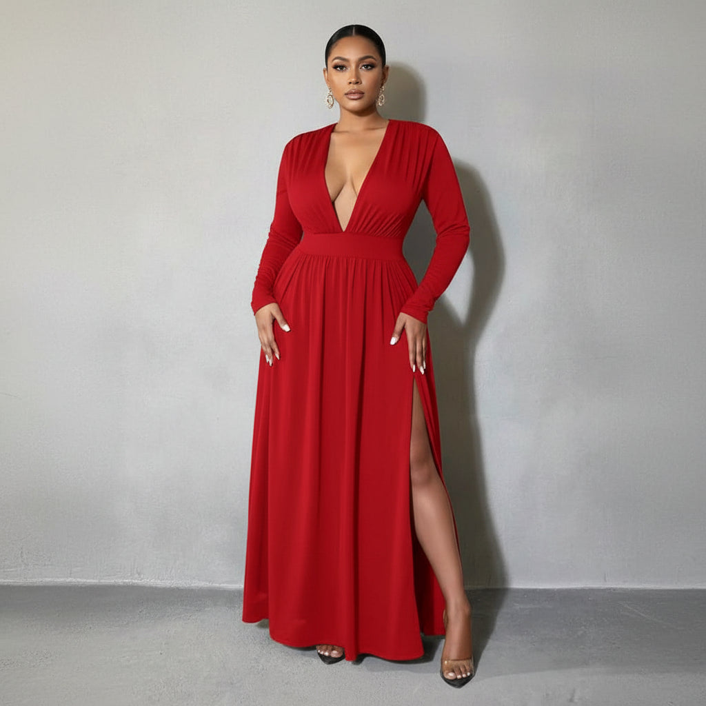 Vestido rojo escote en V con 2 aberturas
