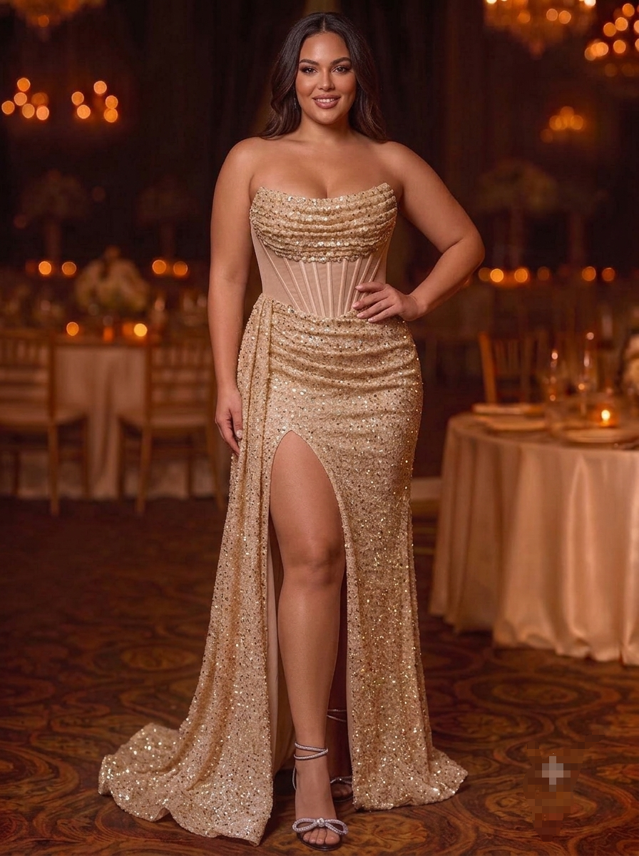 Vestido dorado lentejuelas straple corsé ajustable