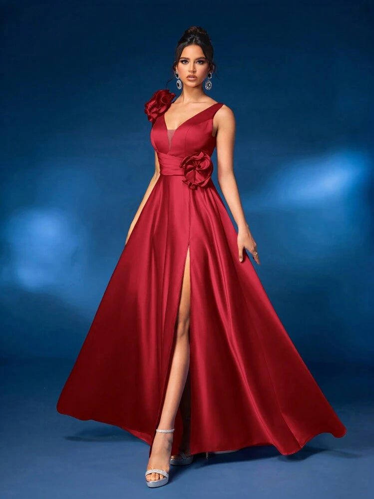 Vestido vino con abertura lateral escote en V