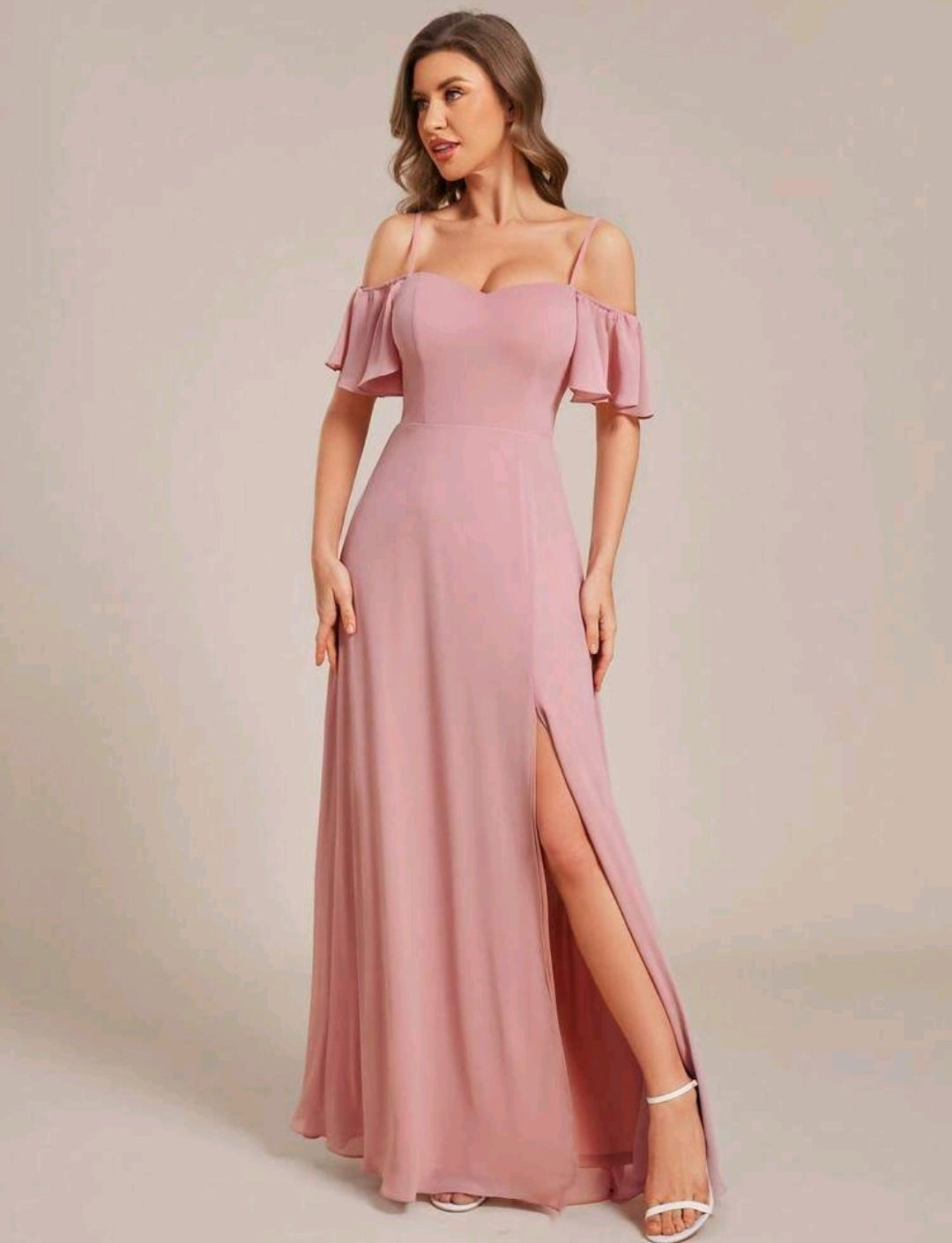 Vestido palo rosa off-the-shoulder corte A