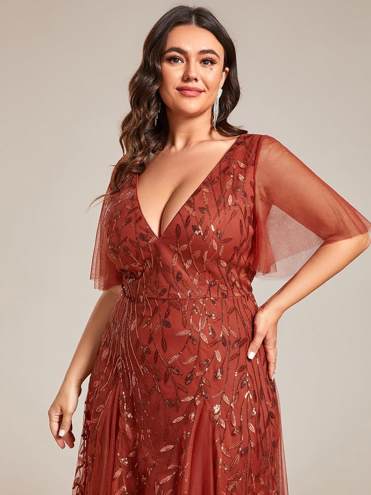 Vestido Terracota con escote en V aplicación lentejuelas hojas