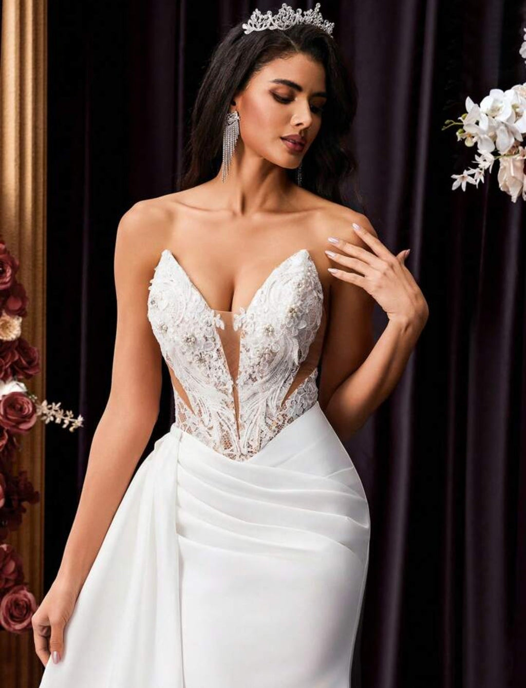 Vestido de Novia y Gala Sirena con Corpiño de Encaje Ilusión y Falda Drapeada